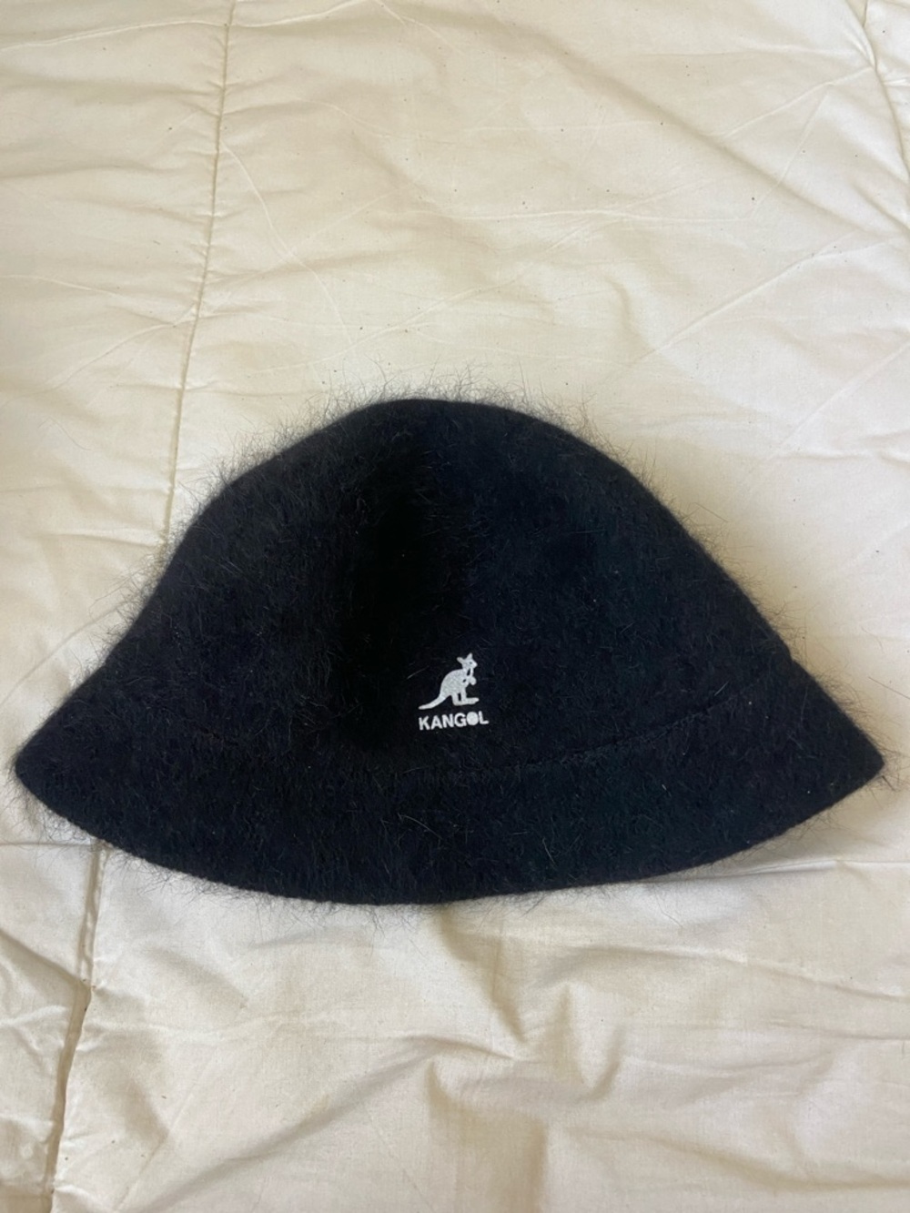 Kangol Black Fuzzy Bucket Hat with White Logo